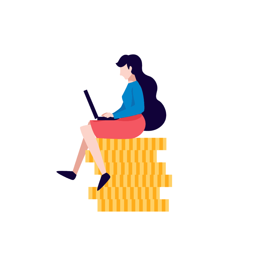 woman-use-computer-sit-on-coins-money